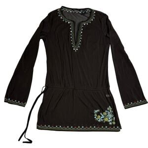 y2k New York & Co Womens Size XS Brown Mesh Cinch Waist Sheer Long Sleeve Top